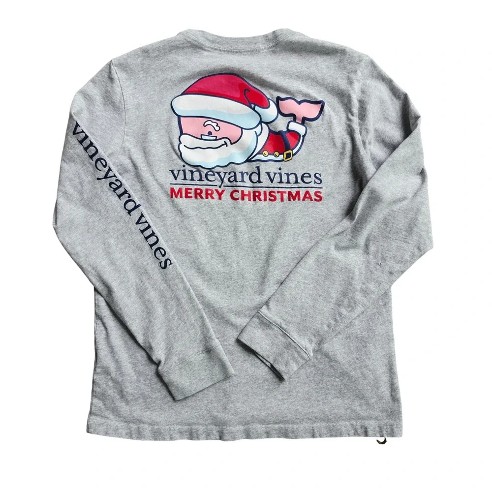 Vineyard Vines Youth L 16 Gray Merry Christmas Santa Whale Long Sleeve Tee